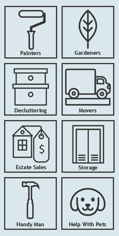 series of 8 illustrated boxes labeled Painters, Gardeners, Decluttering, Movers, Estate Sales, Storage, Handy Man, and Help with Pets with corresponding simple graphics 